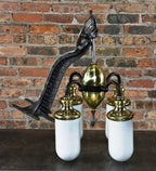 remarkable early 1920's american antique medical interior dentist's office iron and brass illuminated examination "cluster" light with white opalescent "bullet" shape glass globes