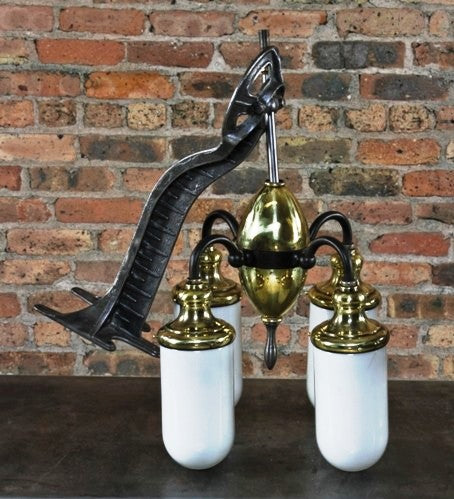 remarkable early 1920's american antique medical interior dentist's office iron and brass illuminated examination "cluster" light with white opalescent "bullet" shape glass globes