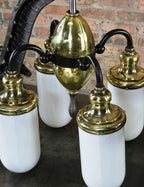 remarkable early 1920's american antique medical interior dentist's office iron and brass illuminated examination "cluster" light with white opalescent "bullet" shape glass globes