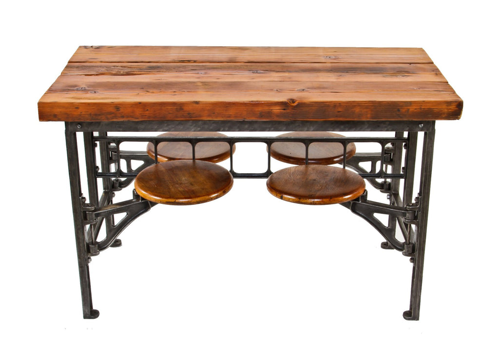 one of two identical early 1920's antique american industrial "sani" 4-seat swing-out stationary lunch hall factory table