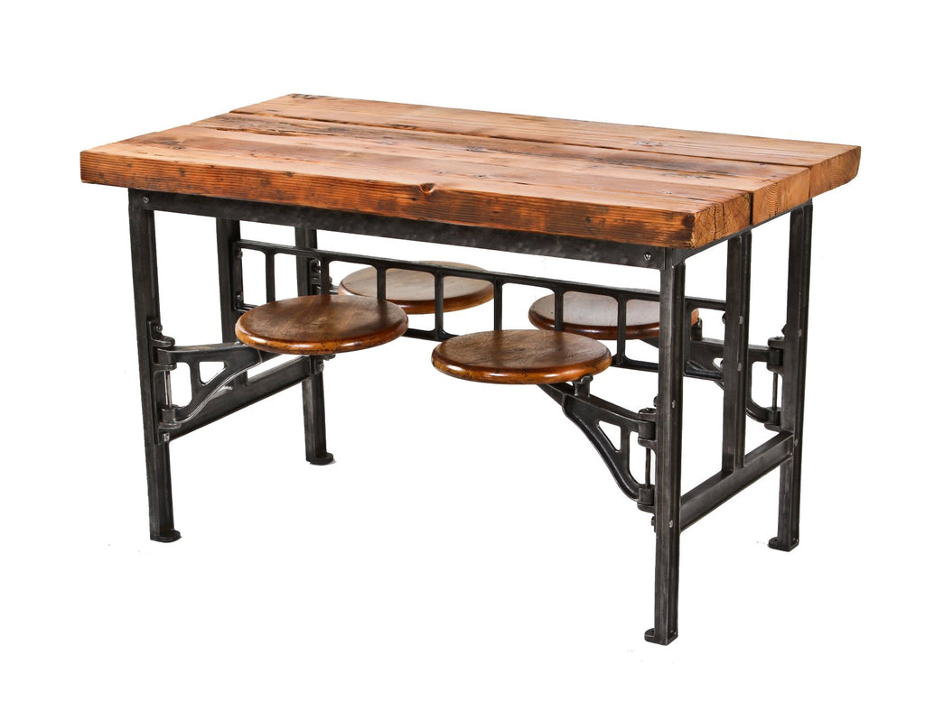 two of two original early 1920's american industrial refinished cast iron swing-out seat factory lunch table with maple wood seats