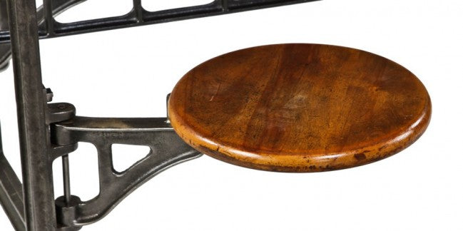 orginal fully functional early 20th century antique american industrial brushed cast iron four swing-out seat factory lunchroom table with newly added old growth pine wood top