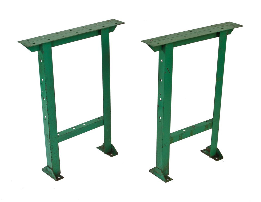 matching pair of late 1930's american antique industrial heavy gauge angled iron "pollard" workbench table bases with factory green paint finish