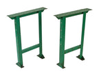 matching pair of late 1930's american antique industrial heavy gauge angled iron "pollard" workbench table bases with factory green paint finish