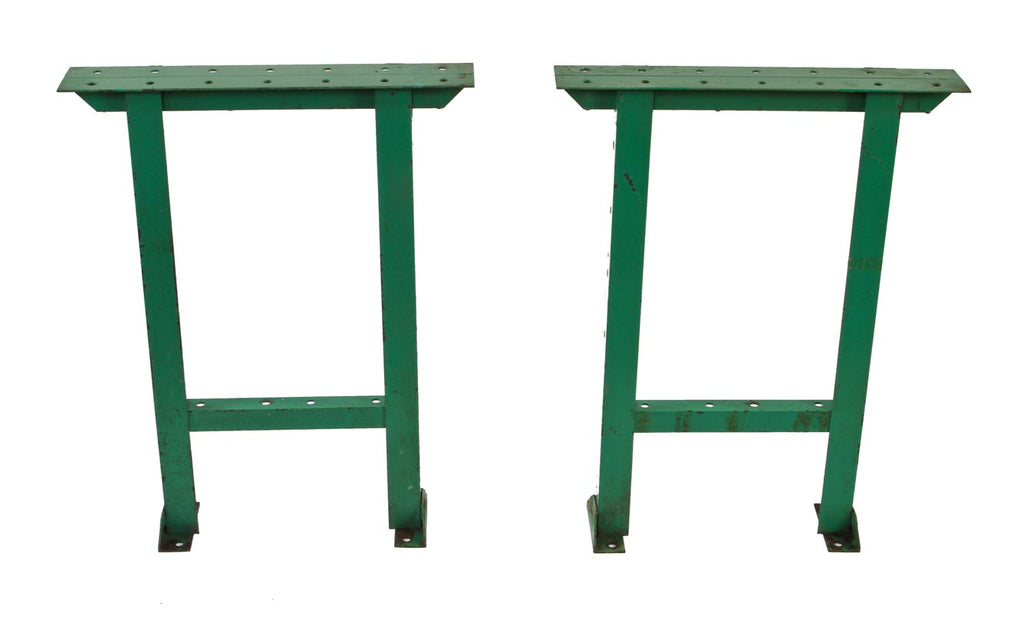 two matching original solid and sturdy "factory green" enameled reinforced angled iron pollard workbench bases