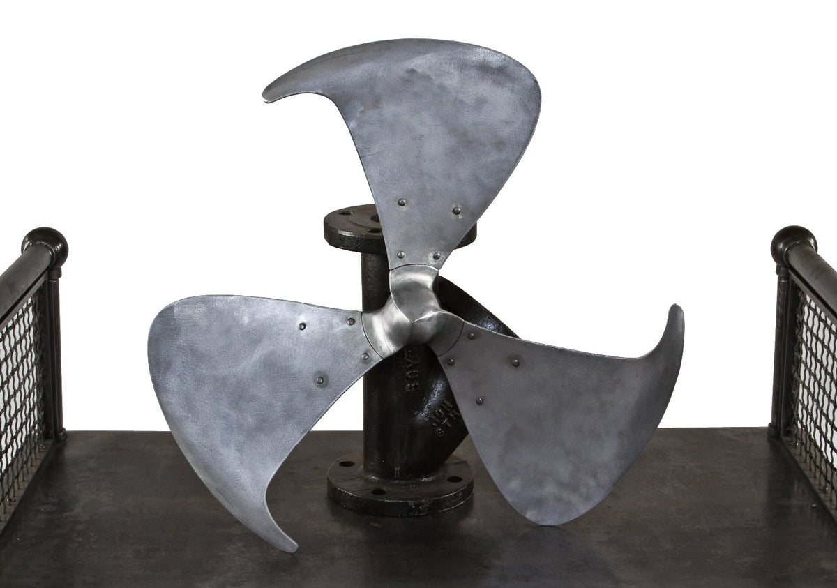 super streamlined c. 1940's american munitions plant industrial riveted joint floor fan blade assembly with brushed metal finish