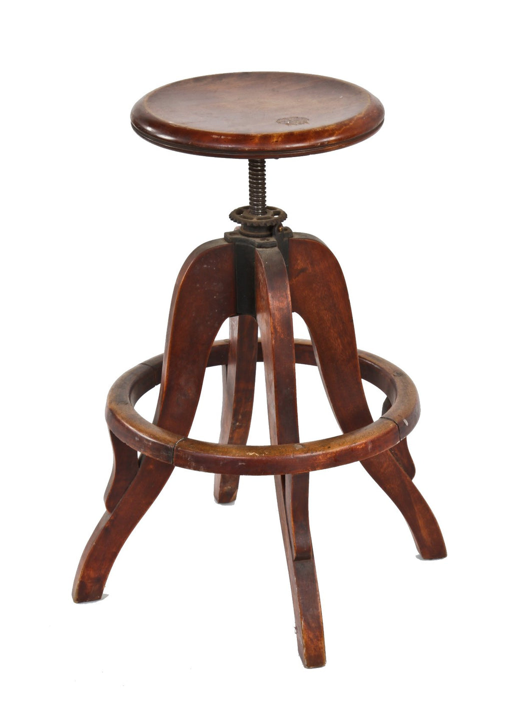 uniquely designed early 20th century darkly varnished mahogany wood revolving switchboard operator's chair with cabriole style legs