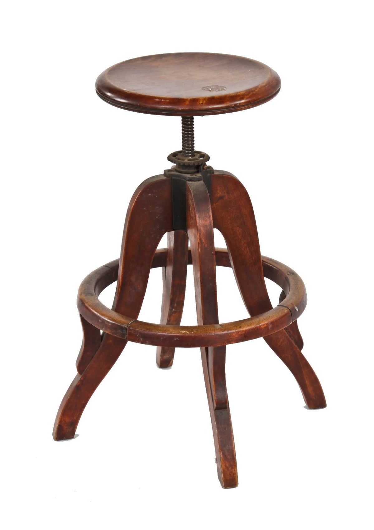 uniquely designed early 20th century darkly varnished mahogany wood revolving switchboard operator's chair with cabriole style legs