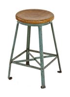 vintage american industrial angled steel four-legged light blue enameled united states postal office stool with maple wood seat