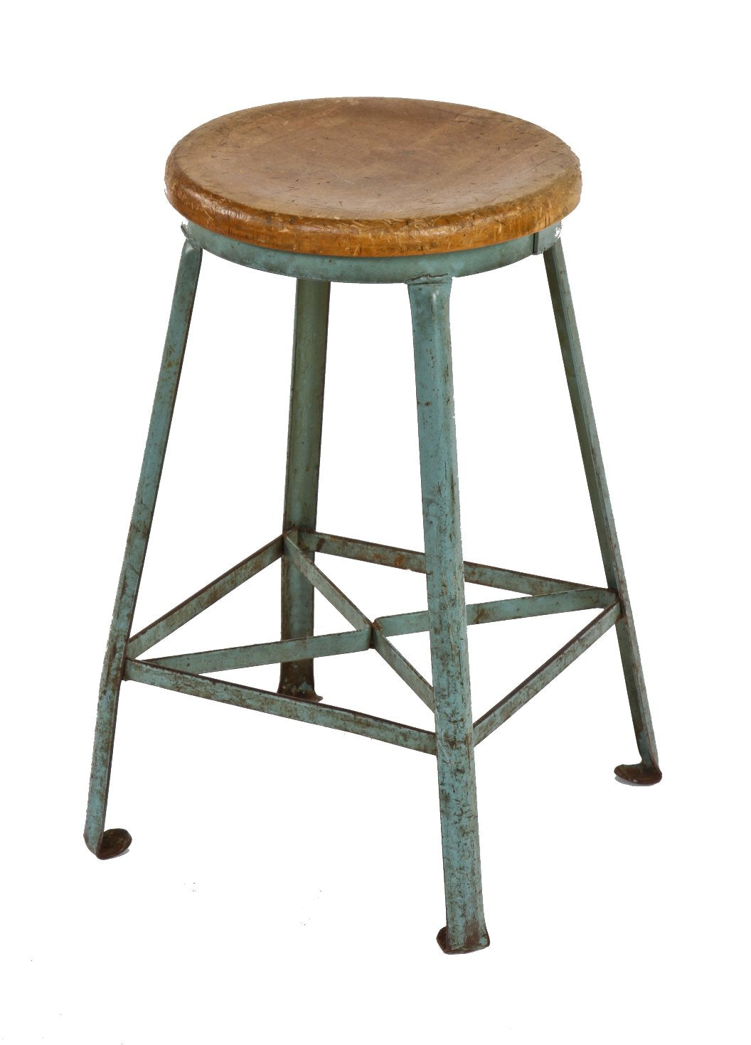 vintage american industrial angled steel four-legged light blue enameled united states postal office stool with maple wood seat