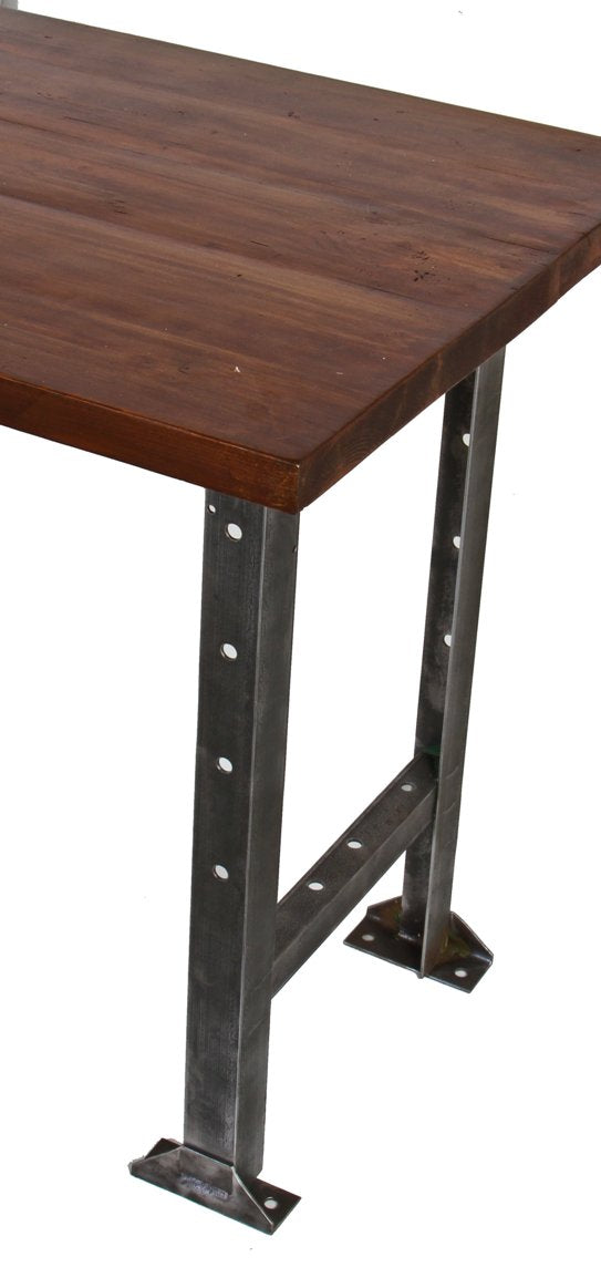 strongly built c. 1940's all welded joint angled iron american industrial repurposed dining room table with newly added solid pine wood top