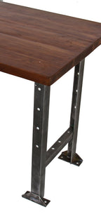 strongly built c. 1940's all welded joint angled iron american industrial repurposed dining room table with newly added solid pine wood top