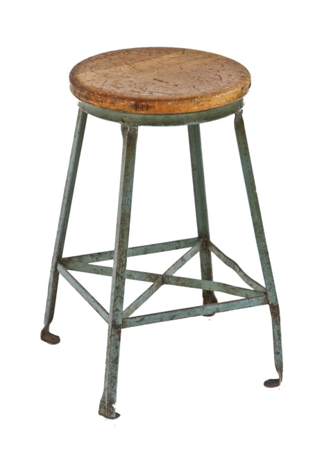 c. 1950's american vintage industrial robin egg blue enameled united states postal office four-legged angled steel stool with maple wood seat