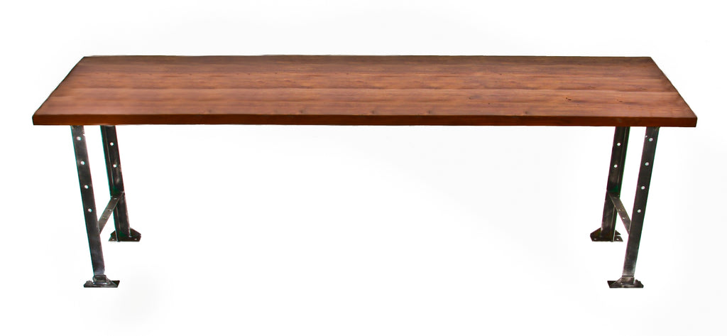 strongly built c. 1940's all welded joint angled iron american industrial repurposed dining room table with newly added solid pine wood top