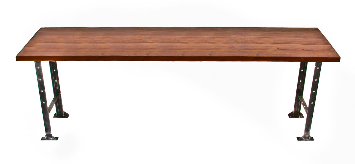 strongly built c. 1940's all welded joint angled iron american industrial repurposed dining room table with newly added solid pine wood top