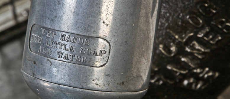 late 1930's antique american industrial flush mount cast aluminum "soapitor" factory lavatory powder soap dispenser with handle