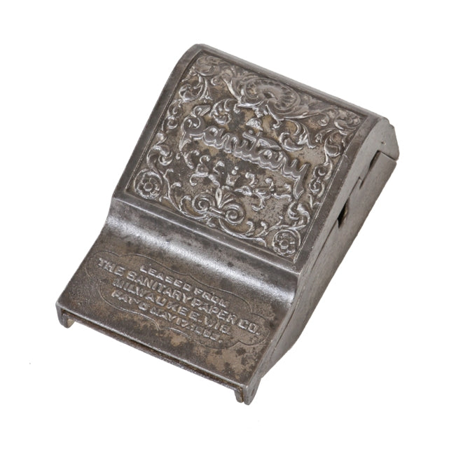 very rare late 19th century ornamental cast iron wall-mount "sanitary" lavatory toilet paper holder with lockable drop-down door