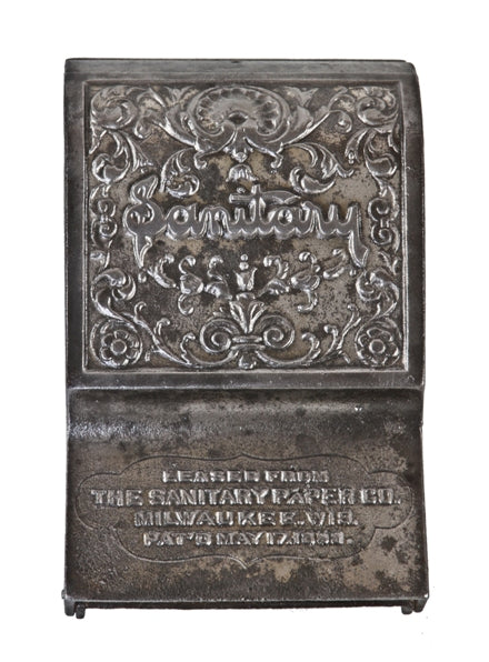 very rare late 19th century ornamental cast iron wall-mount "sanitary" lavatory toilet paper holder with lockable drop-down door