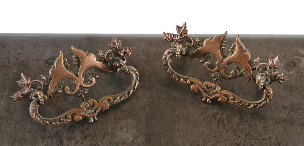 pair of early 20th century antique american ornamental cast brass interior residential built-in cabinet drawer pulls with floral motifs