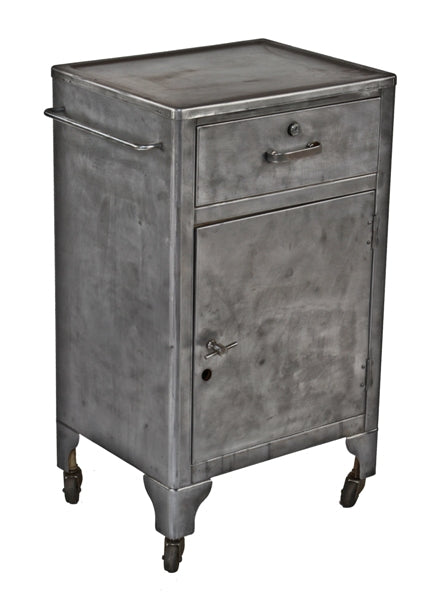 one of two american vintage medical heavy gauge steel hospital operating room mobile supply carts with integrated towel rack