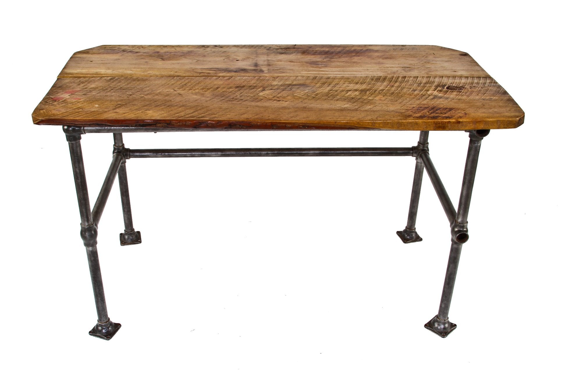 old american industrial refinished iron pipe four-legged stationary workbench or table with roughcut rock hard maple wood plank top