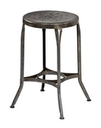 refinished late 1930's american antique industrial pressed and folded "uhl art steel" four-legged stationary stool with pierced seat