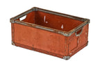 reinforced c. 1950's original american industrial orange vulcanized fiber garment factory parts storage tote or bin with placard holder