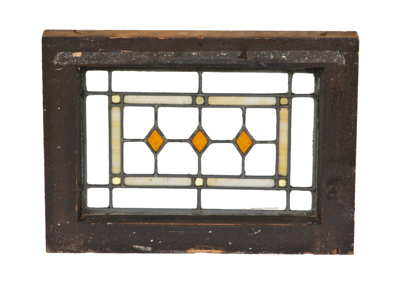 c. 1920's original and intact antique american prairie school style diminutive leaded art glass residential window with gold-leaf flash glass
