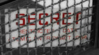 original c. 1950's atomic-era single-sided die cut enameled steel los alamos laboratory "secret" informational sign with cherry red lettering