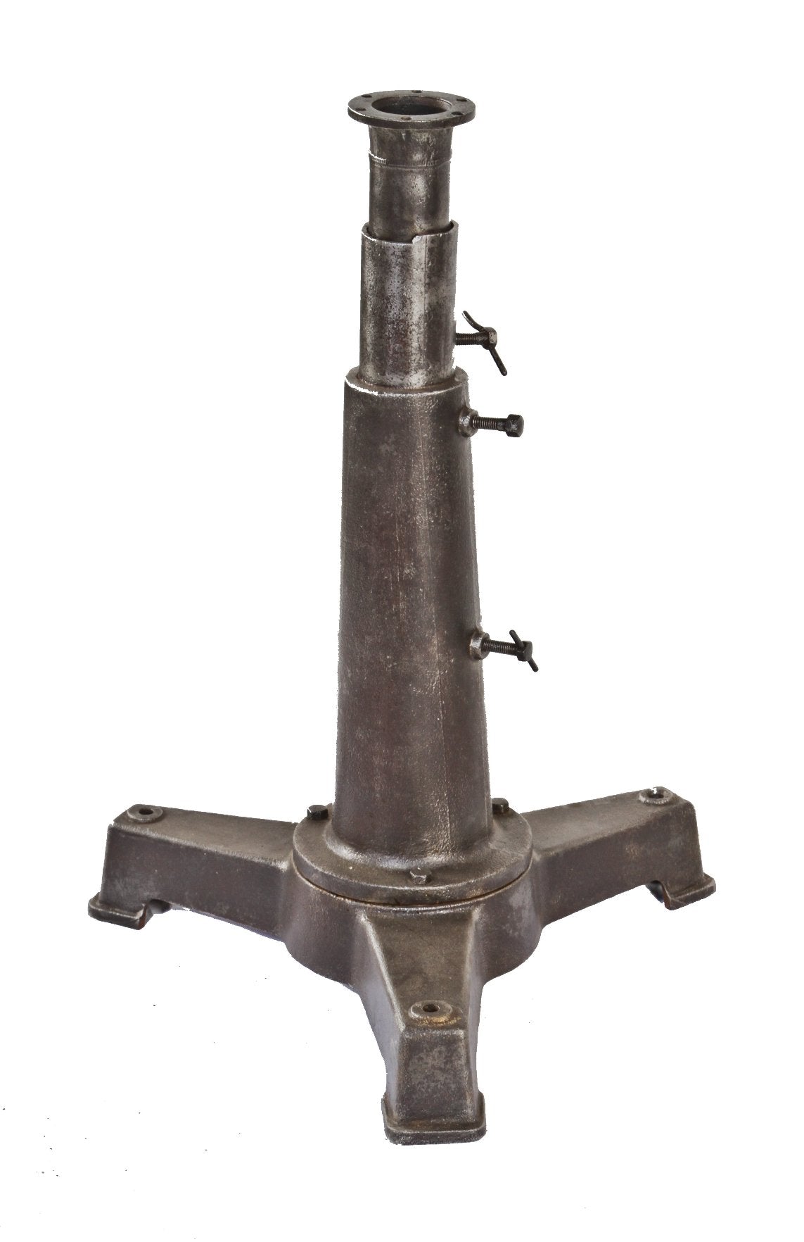 unusual early 20th century antique american three-legged telescoping cast iron factory machine base with brushed metal finish