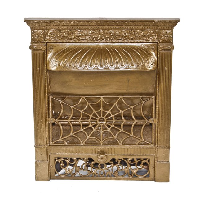 largely intact c. 1890's chicago graystone interior residential fireplace metallic gold enameled cast iron gas grille or insert