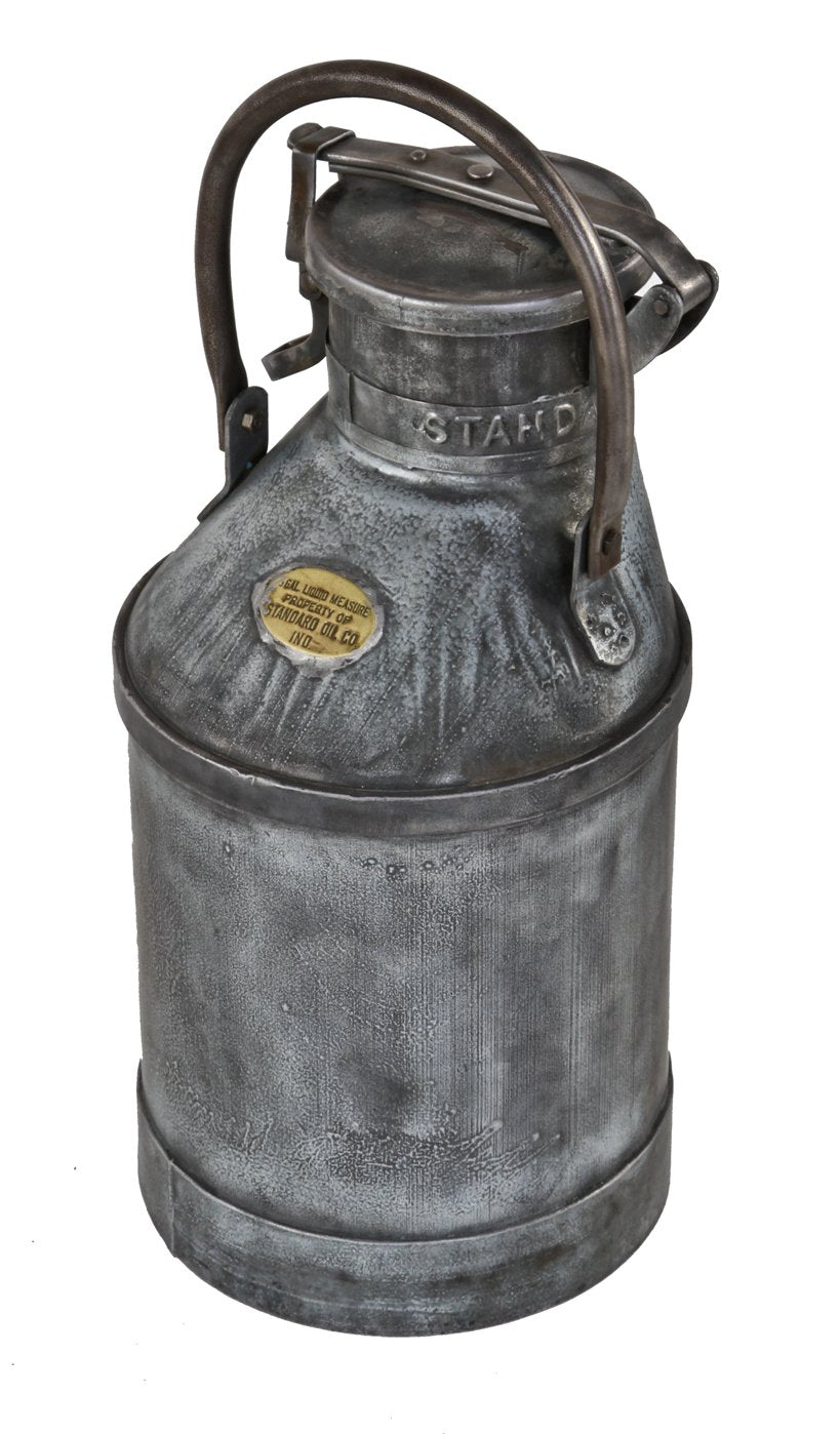 vintage american industrial reinforced galvanized steel 5 gallon "liquid measure" standard oil can with original oversized drop handle