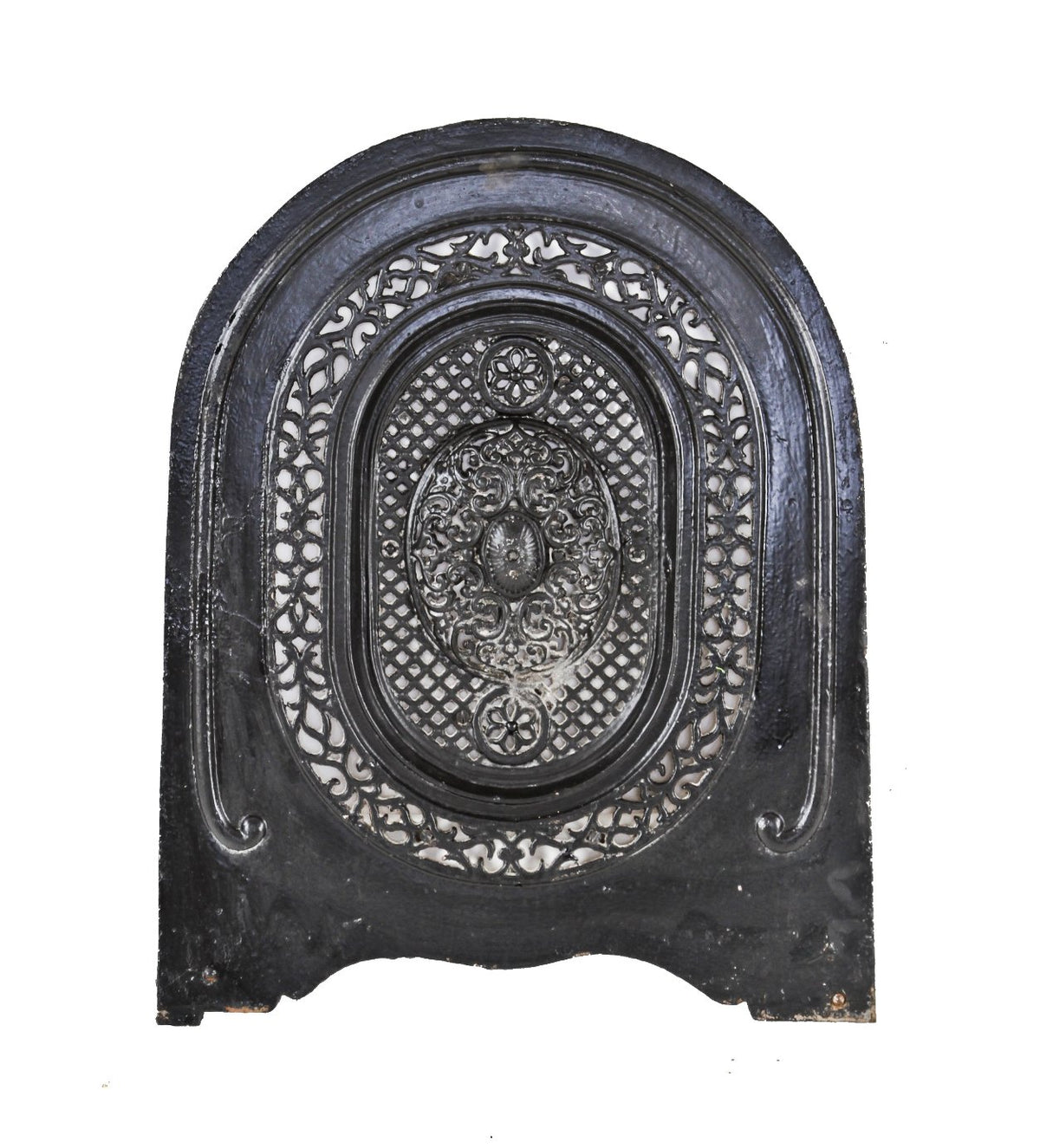 original 19th century black enameled ornamental cast iron arch top interior residential chicago italianate fireplace summer cover