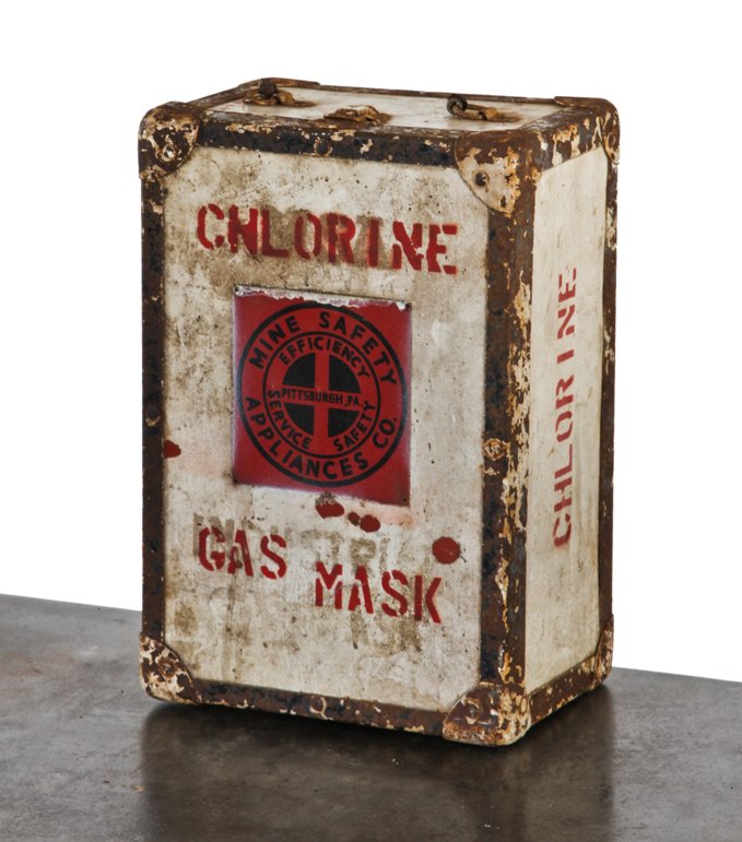 original and largely intact early 1940's american industrial chemical plant chlorine gas mask with original reinforced storage case
