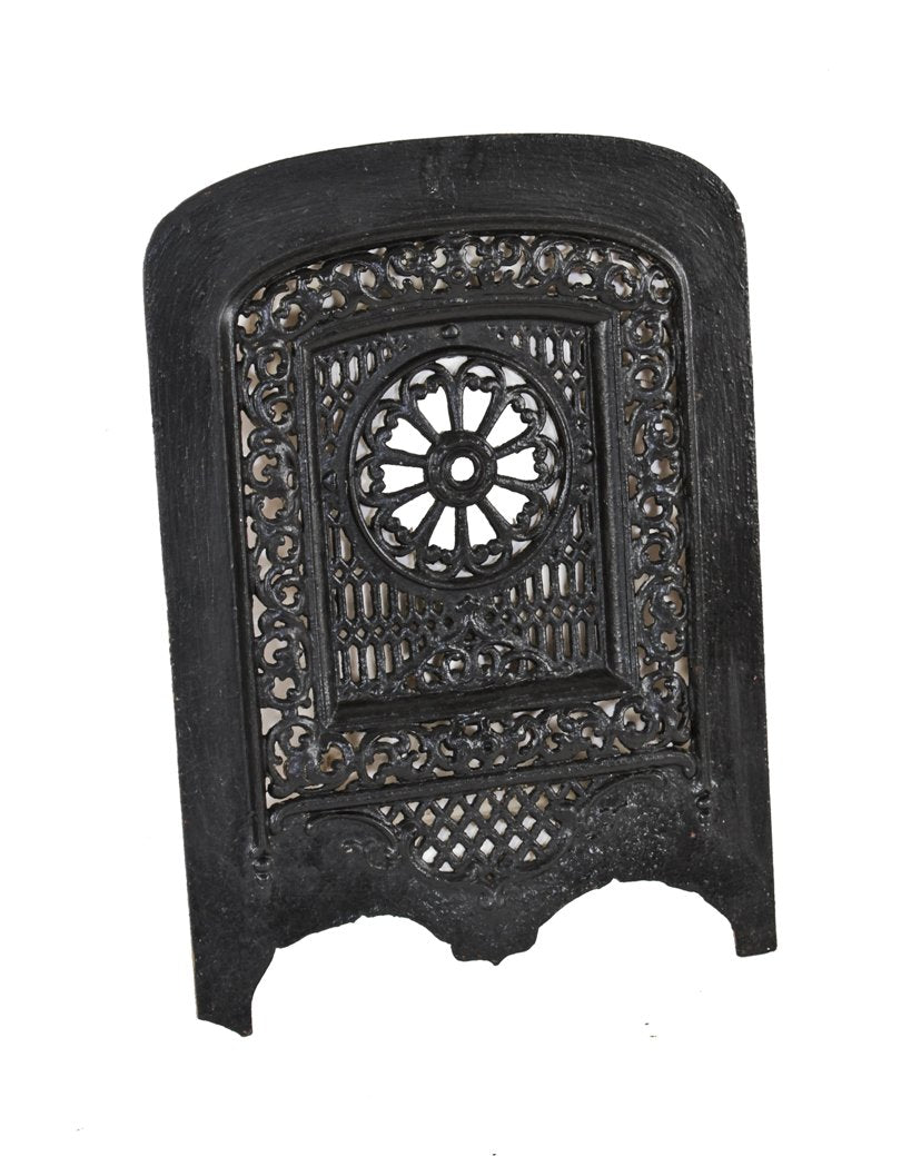 19th century american victorian era black enameled ornamental cast iron interior residential coal or wood burning fireplace summer cover