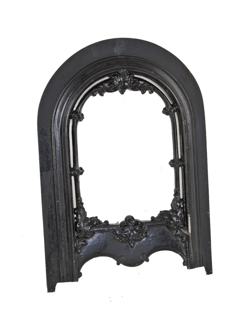 partially intact 19th century antique american victorian era black enameled cast iron interior residential arch top summer cover
