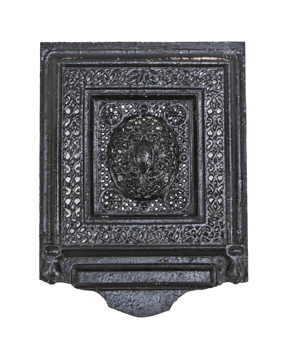 early 1870's antique american victorian era ornamental cast iron interior residential fireplace summer cover with black paint finish