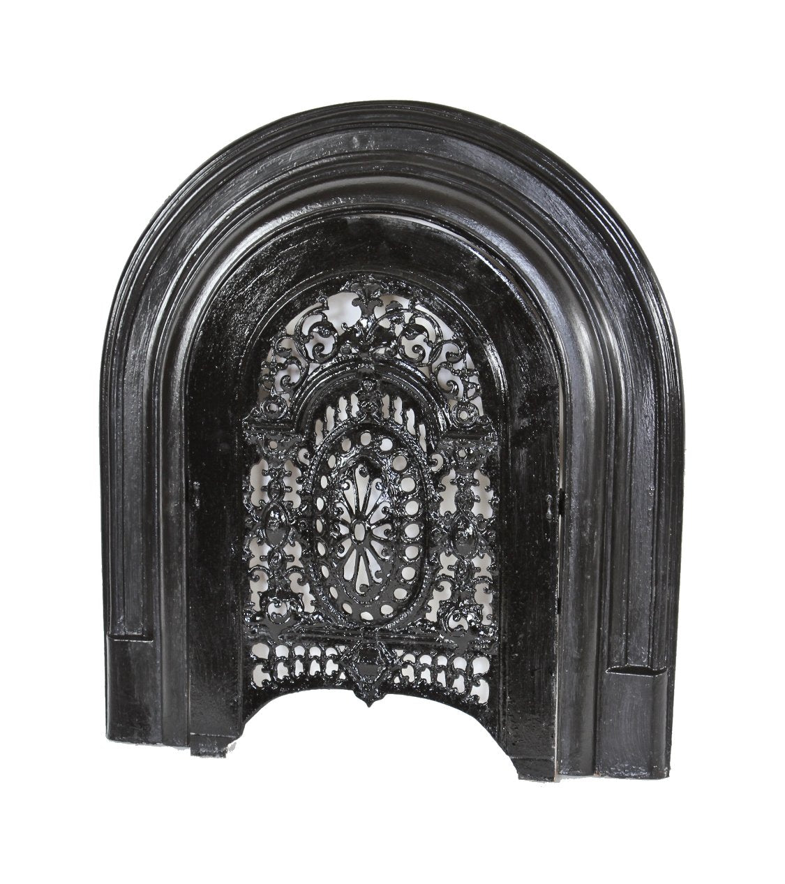 completely intact late 1860's interior chicago italianate black enameled cast iron arch top summer cover with original surround