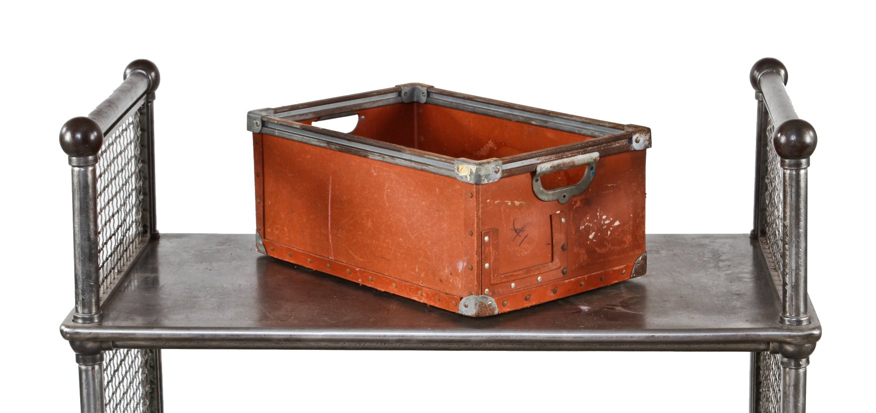 1950's original and intact lightweight portable orange-colored reinforced vulcanized fiber stackable factory storage bin