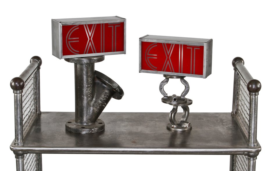 remarkable c. 1940's american art deco style machine age illuminated wall-mount auditorium exit light with distinctive lettering