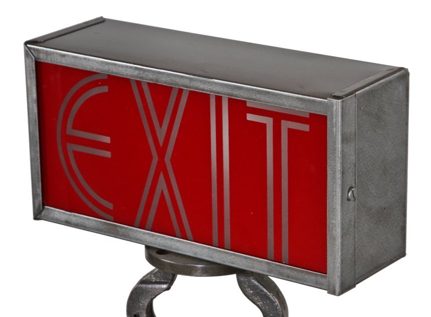 original and fully functional c. 1940's american art deco style machine age wall-mount illuminated "atlite" exit can sign