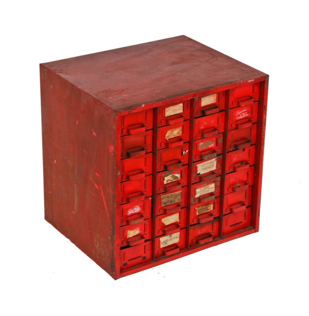 c. 1950's original and intact american industrial compartmentalized factory workbench "small parts" steel cabinet with red paint finish
