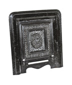 complete 19th century antique american ornamental black enameled cast iron interior residential fireplace surround with matching summer cover