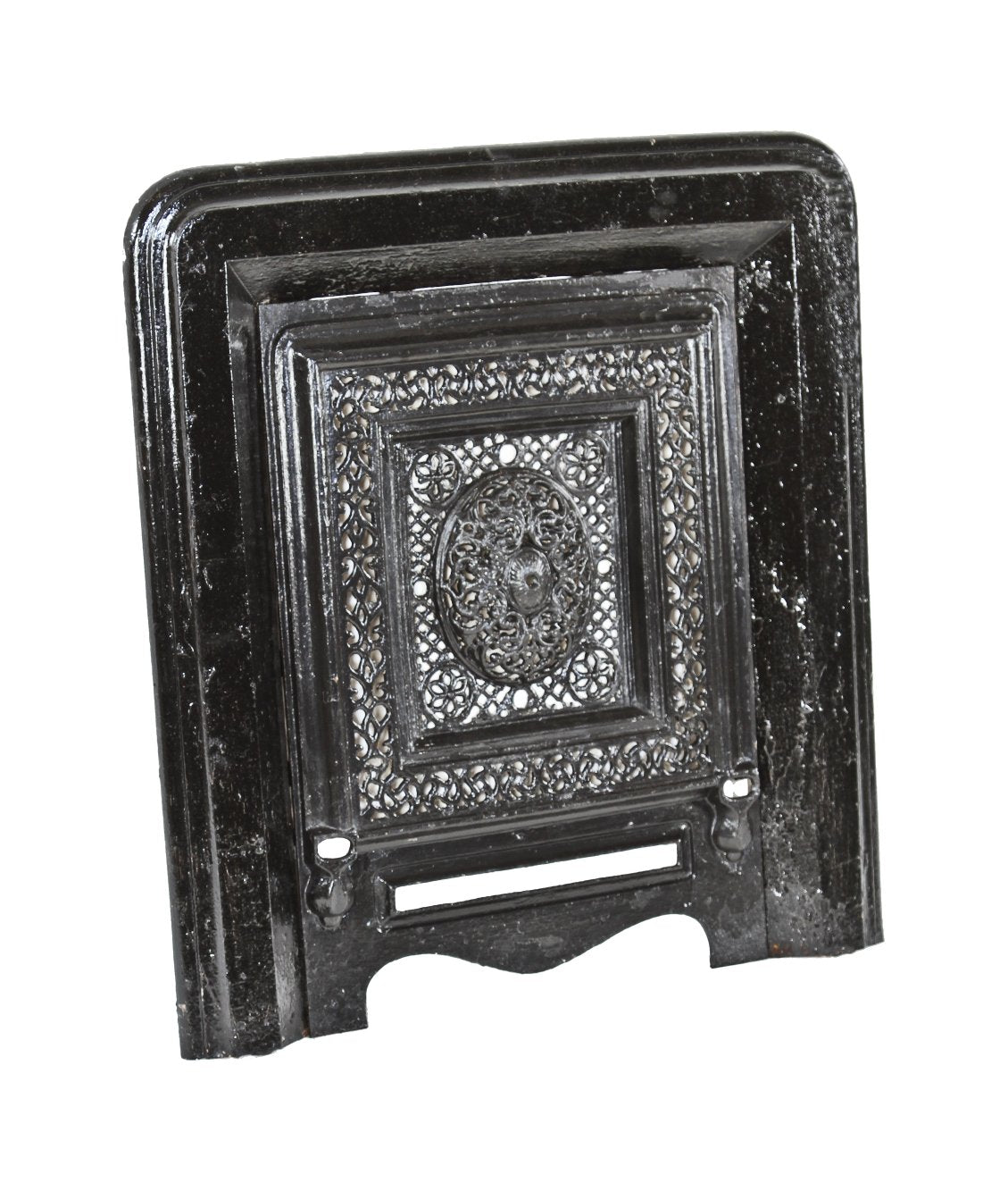 complete 19th century antique american ornamental black enameled cast iron interior residential fireplace surround with matching summer cover