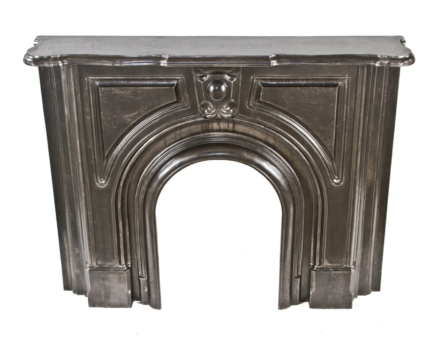 completely refinished brushed ornamental cast iron 19th century american victorian era interior residential fireplace mantel with original shelf
