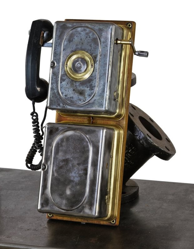 unique late 1930's refinished antique american industrial chicago power substation wall-mount crank handle monophone with black bakelite handset