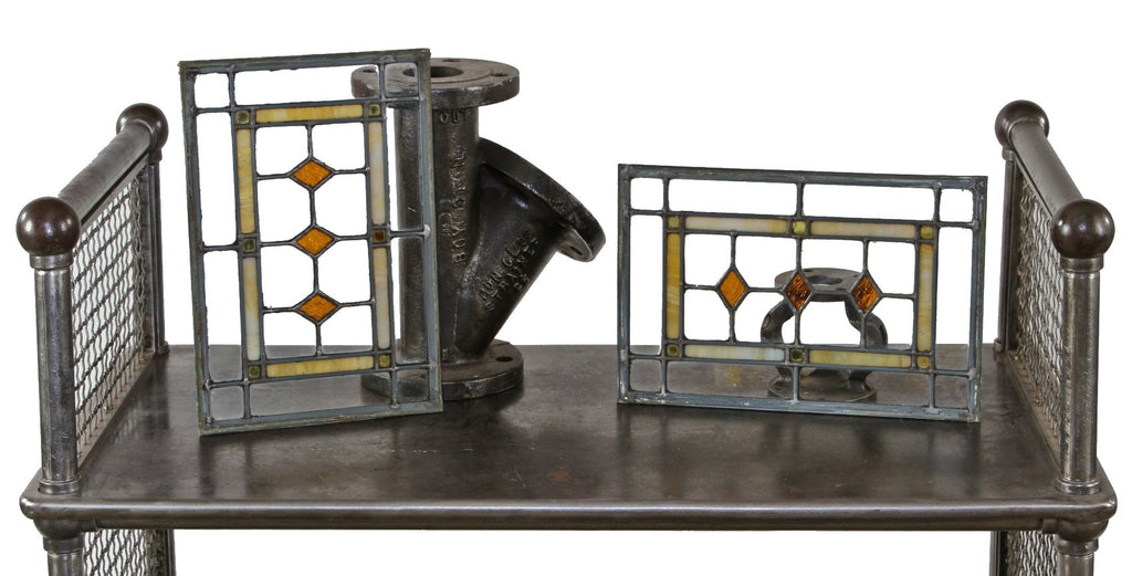 original c. 1920's american antique frameless leaded art glass chicago prairie school style windows with gold-leaf flash glass accent