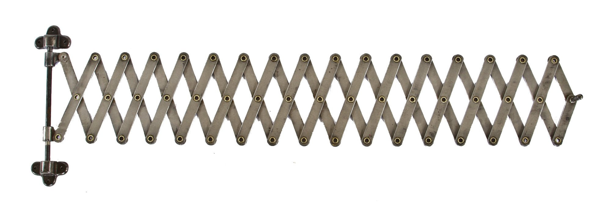 refinished original early 20th century oversized american industrial fully adjustable pivoting scissor arm with matching cast iron mounting brackets and knob pull