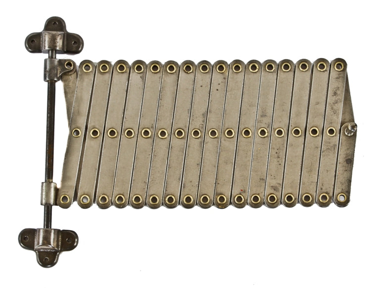 refinished original early 20th century oversized american industrial fully adjustable pivoting scissor arm with matching cast iron mounting brackets and knob pull