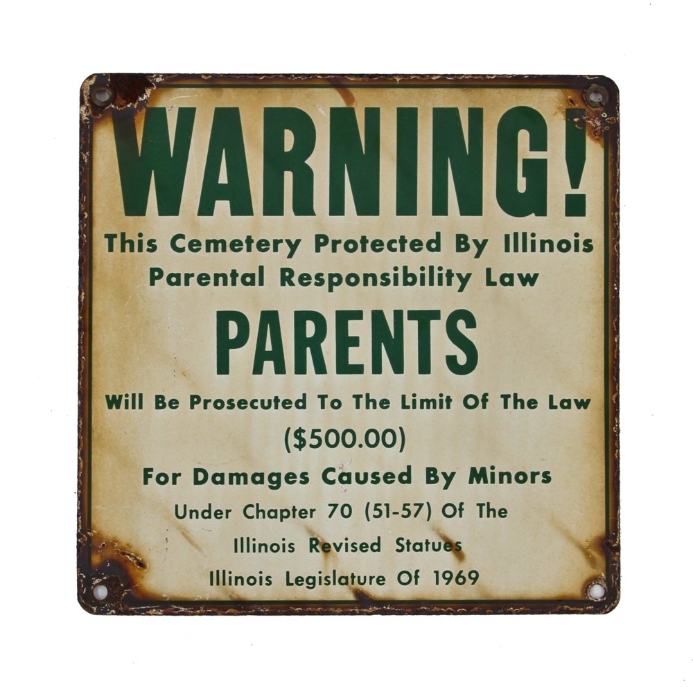 unusual late 1960's american single-sided porcelain enameled die cut steel illinois cemetery parent warning or cautionary sign